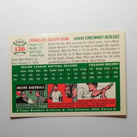 1994 Topps Baseball Archives 1954 Series Connie Ryan Collectors Trading Card - Picture 5 of 5